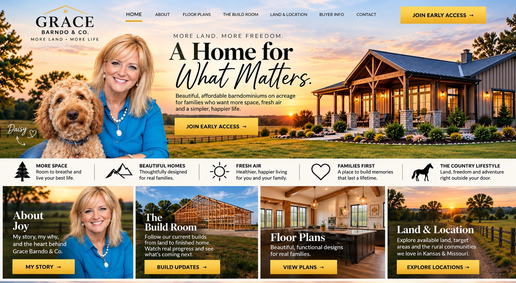Grace Barndo & Co. approved homepage showing Joy and Daisy, a countryside barndominium, and featured sections.